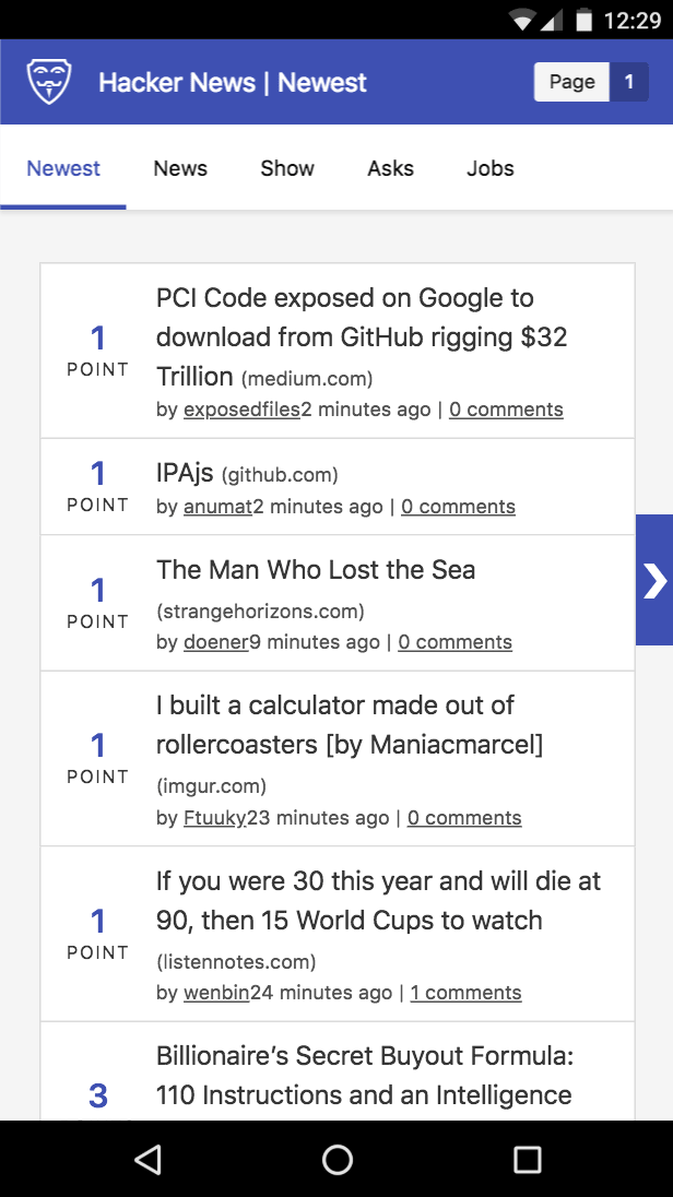 Angular-HN HN PWA running on a mobile phone